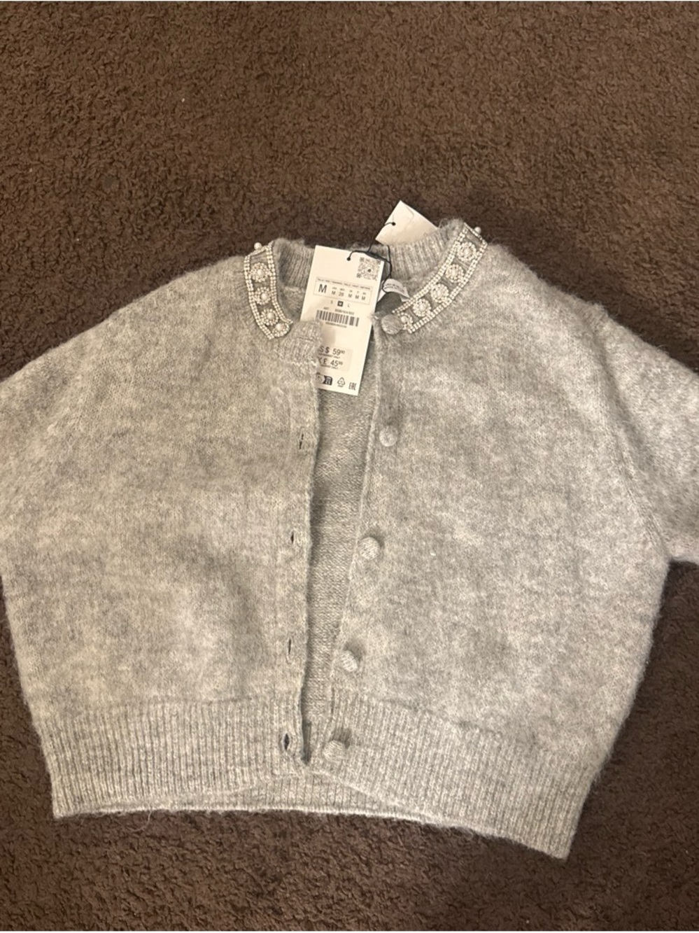 Zara Light Gray Embellished Collar Cardigan